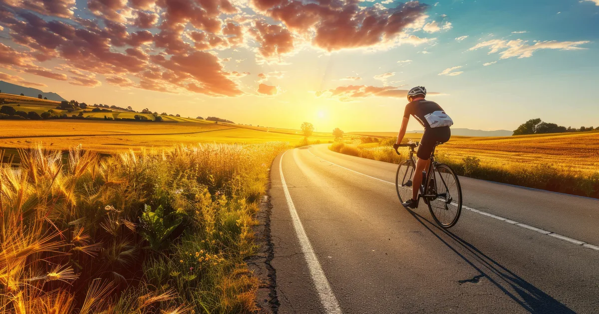 Cyclist riding along a winding country road in golden evening light