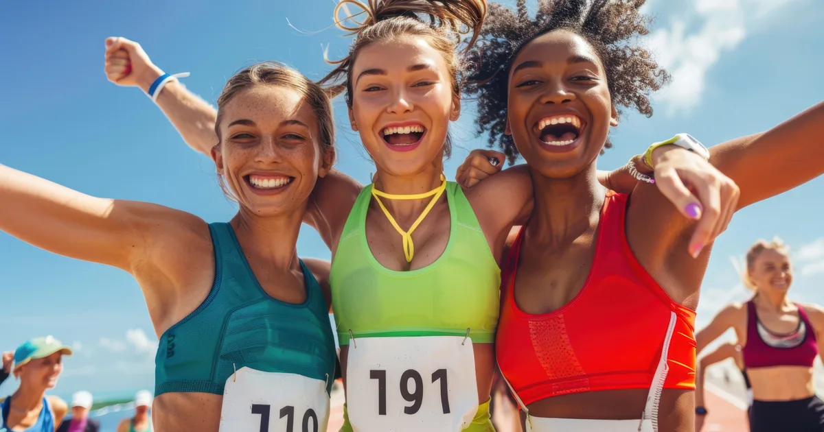 Three friends wearing race bibs celebrate together with arms raised and big smiles after finishing a fun run